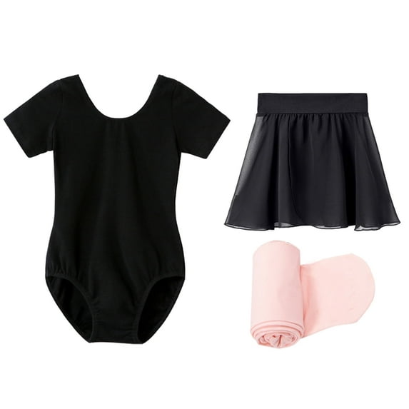 Stelle Ballet Short Sleeve Leotard with Separate Elastic Pull-On Dance Skirt&Tights Ballet Dancewear Outfit Dress for Ballerina Girls/Kids,Black,7 Years