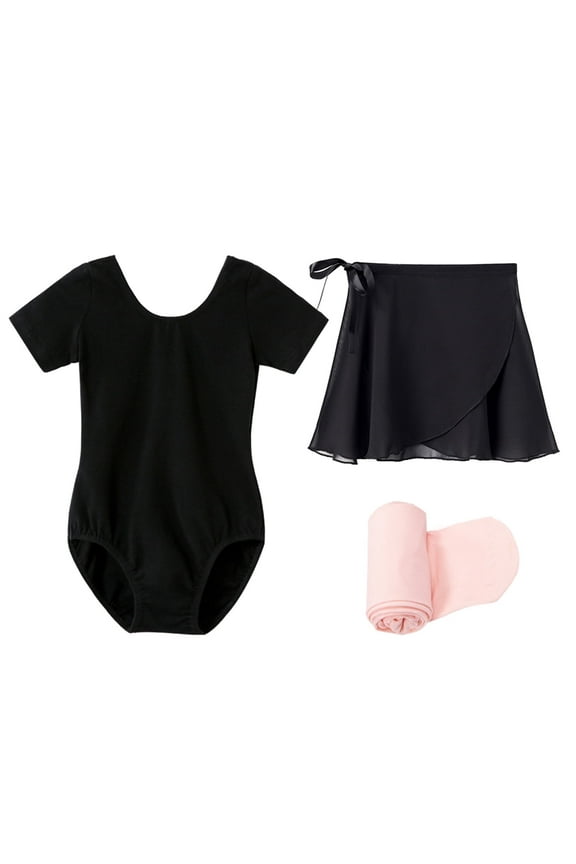 Ballet Short Sleeve Leotard with Separate Adjustable Tie Skirt Tights Dance Dress Outfit for Girls,Black,2-3T