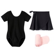Stelle Ballet Short Sleeve Leotard with Separate Adjustable Tie Skirt Tights Dance Dress Outfit for Girls,Black,5T