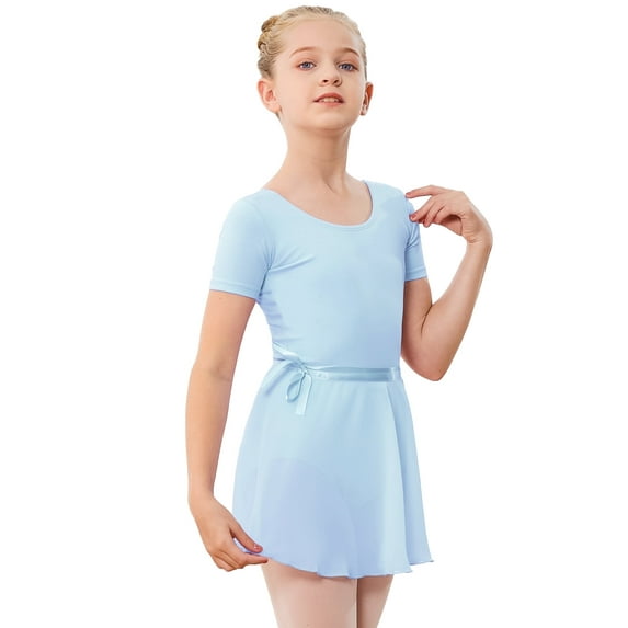 Stelle Ballet Short Sleeve Leotard with Separate Adjustable Tie Skirt Tights Dance Dress Outfit for Girls,Blue,7 Years