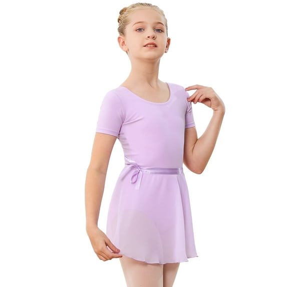 Stelle Ballet Short Sleeve Leotard with Separate Adjustable Tie Skirt Tights Dance Dress Outfit for Girls,Purple,2-3T