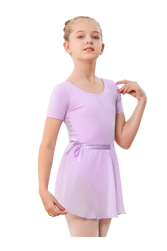 Ballet Short Sleeve Leotard with Separate Adjustable Tie Skirt Tights Dance Dress Outfit for Girls,Purple,7 Years