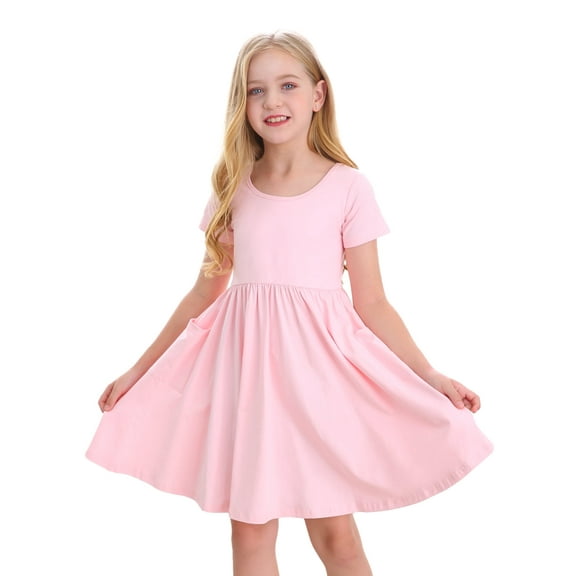 Stelle Casual Sundress Short Sleeve A-Line Twirly Skirt Skater with Pockets High Waisted Knee Length Flared Swing Party Dance Dress for Big Girls,Pink,12 Years
