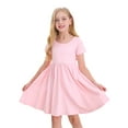 thumbnail image 1 of Stelle Casual Sundress Short Sleeve A-Line Twirly Skirt Skater with Pockets High Waisted Knee Length Flared Swing Party Dance Dress for Big Girls,Pink,3T, 1 of 7