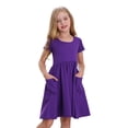 thumbnail image 1 of Stelle Casual Sundress Short Sleeve A-Line Twirly Skirt Skater with Pockets High Waisted Knee Length Flared Swing Party Dance Dress for Big Girls,PurPle,12 Years, 1 of 7