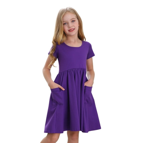 Stelle Casual Sundress Short Sleeve A-Line Twirly Skirt Skater with Pockets High Waisted Knee Length Flared Swing Party Dance Dress for Big Girls,PurPle,8 Years