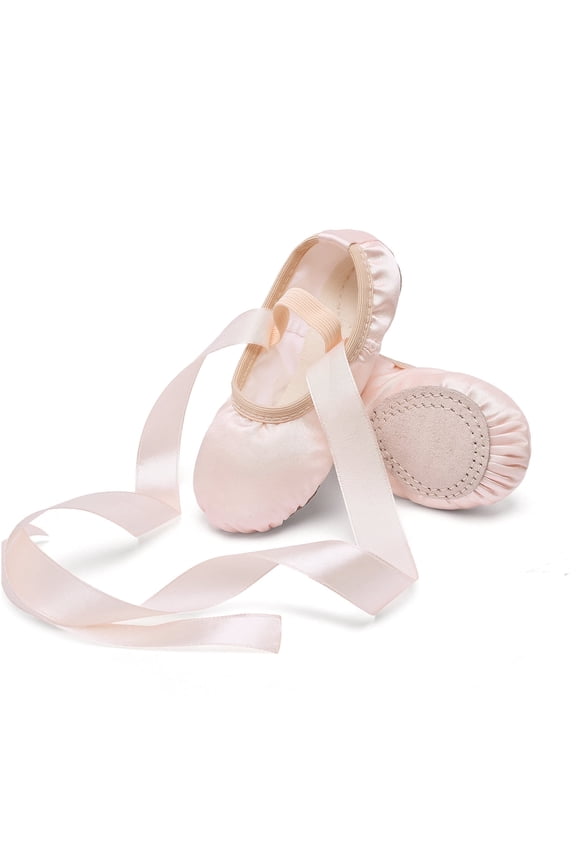 Girls Ballet Dance Shoes Satin Slippers Gymnastics Flats Split Sole with Ribbon for Gymnastics,Ballet Pink,7MT
