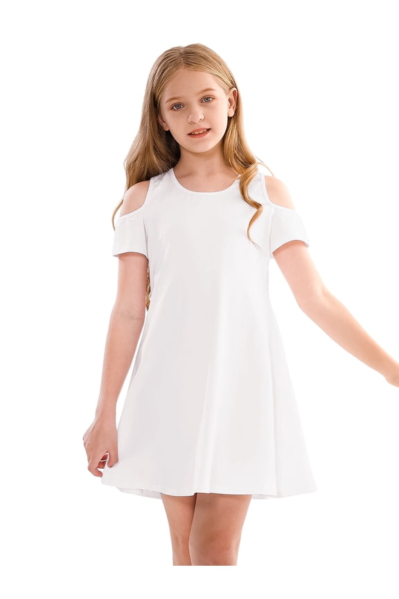 Girls Cold Shoulder Sundress Short Sleeve Solid Color Swing Casual Dresses,Tweens Cotton Comfy Shift Swing A-Line Midi Dress Loose Tunic Shirt Dress Skater Dress,White,4T
