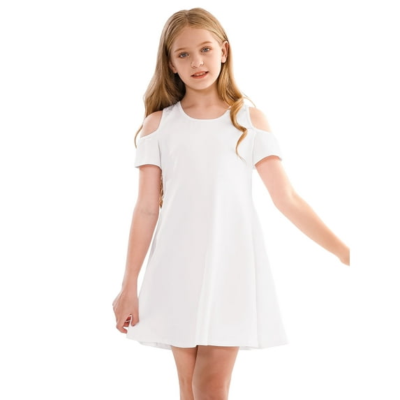 Stelle Girls Cold Shoulder Sundress Short Sleeve Solid Color Swing Casual Dresses,Tweens Cotton Comfy Shift Swing A-Line Midi Dress Loose Tunic Shirt Dress Skater Dress,White,5T