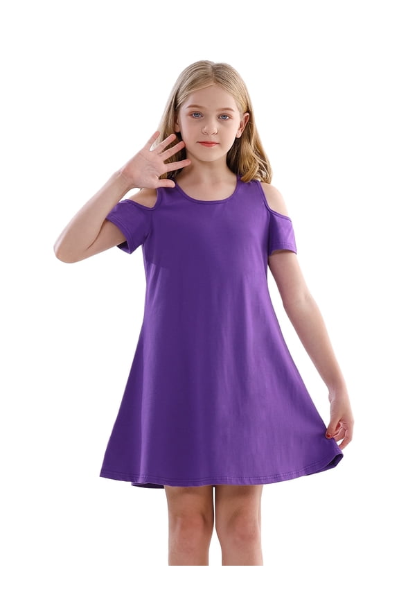 Girls Cold Shoulder Sundress Short Sleeve Solid Color Swing Casual Dresses,Tweens Cotton Comfy Shift Swing A-Line Midi Dress Loose Tunic Shirt Dress Skater Dress,Purple,5T