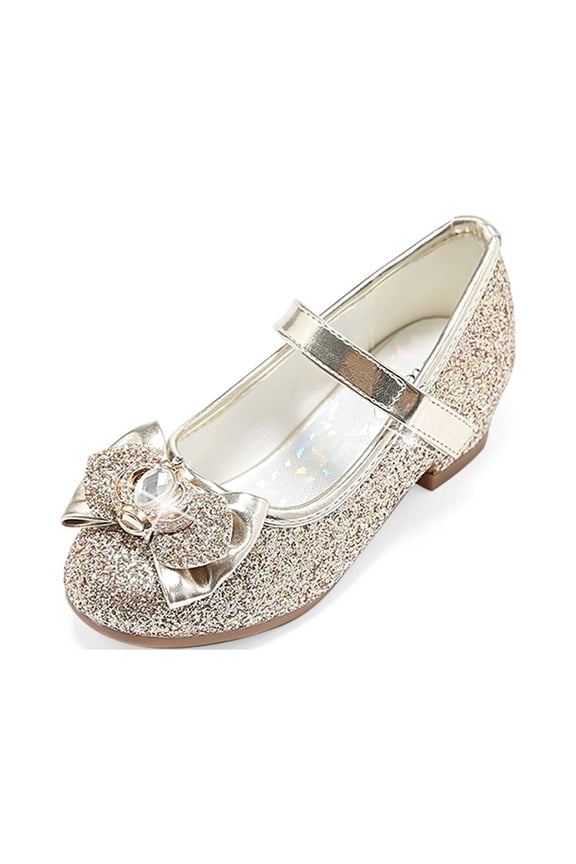 Girls Mary Jane Glitter Shoes Low Heel Princess Dress Shoes,Toddler Little Girls Crown Flower Girl Wedding Party Dress Pump Shoes,Gold