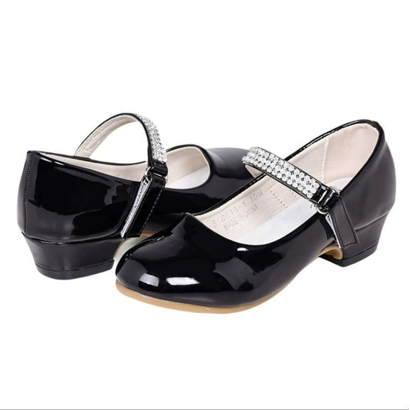 Stelle Girls Mary Jane Shoes Low Heel Princess Wedding Flower Girl Dress Shoes,Non-Slip Diamond Ankle Strap Party Flats for Kids,Black