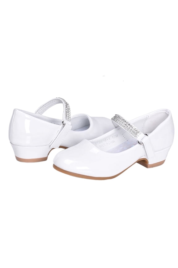 Girls Mary Jane Shoes Low Heel Princess Wedding Flower Girl Dress Shoes,Non-Slip Diamond Ankle Strap Party Flats for Kids,White