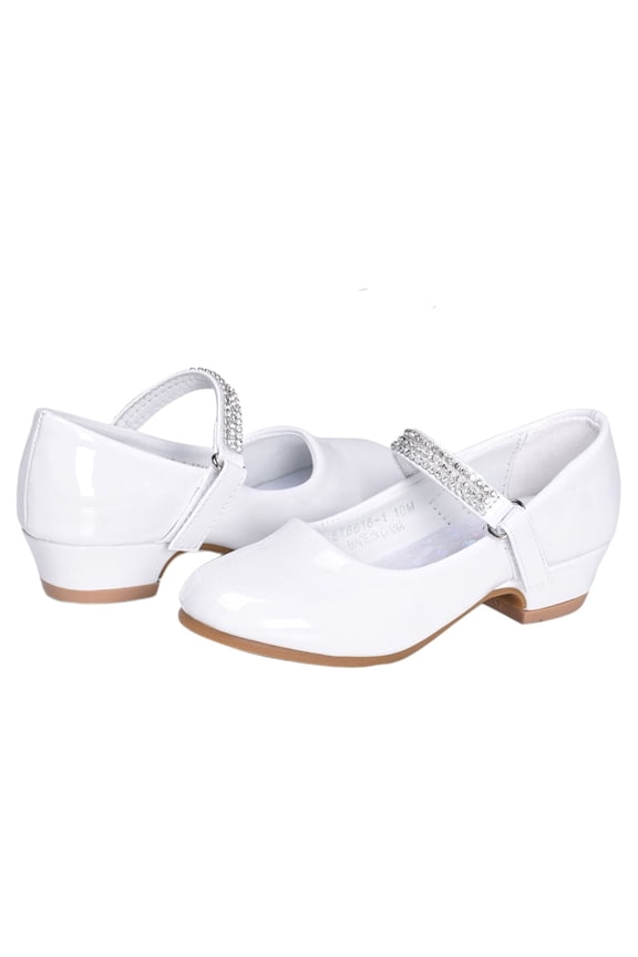 Girls Mary Jane Shoes Low Heel Princess Wedding Flower Girl Dress Shoes,Non-Slip Diamond Ankle Strap Party Flats for Kids,White