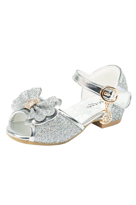 Girls Sparkly Princess Low Heels Sandals,Silver