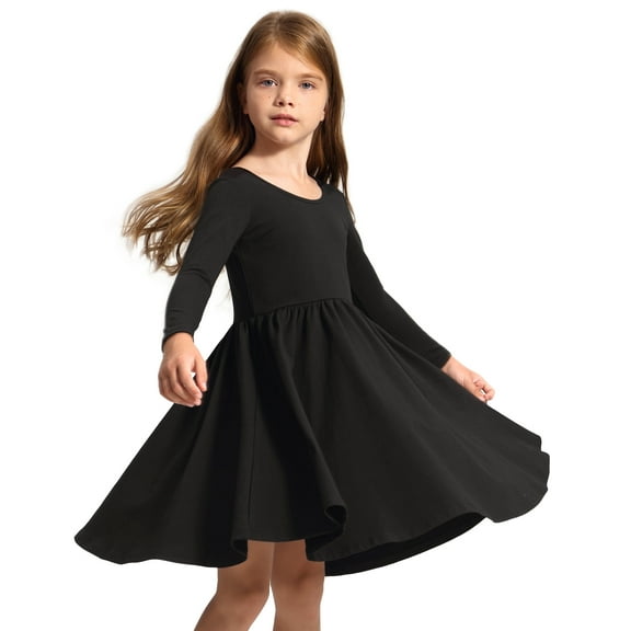 Stelle Long Sleeve Casual Sundress A-Line Twirly High Waisted Knee Length Flare Swing Cross Back Skater Dress for Girls,Black,6 Years