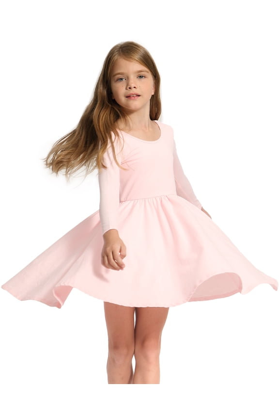 Long Sleeve Casual Sundress A-Line Twirly High Waisted Knee Length Flare Swing Cross Back Skater Dress for Girls,Pink,5T