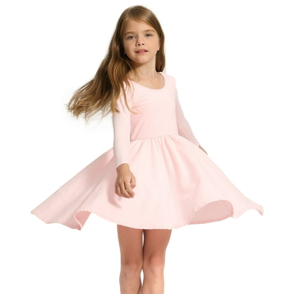 Stelle Long Sleeve Casual Sundress A-Line Twirly High Waisted Knee Length Flare Swing Cross Back Skater Dress for Girls,Pink,7 Years