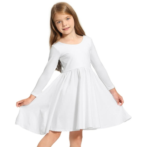 Stelle Long Sleeve Casual Sundress A-Line Twirly High Waisted Knee Length Flare Swing Cross Back Skater Dress for Girls,White,6 Years