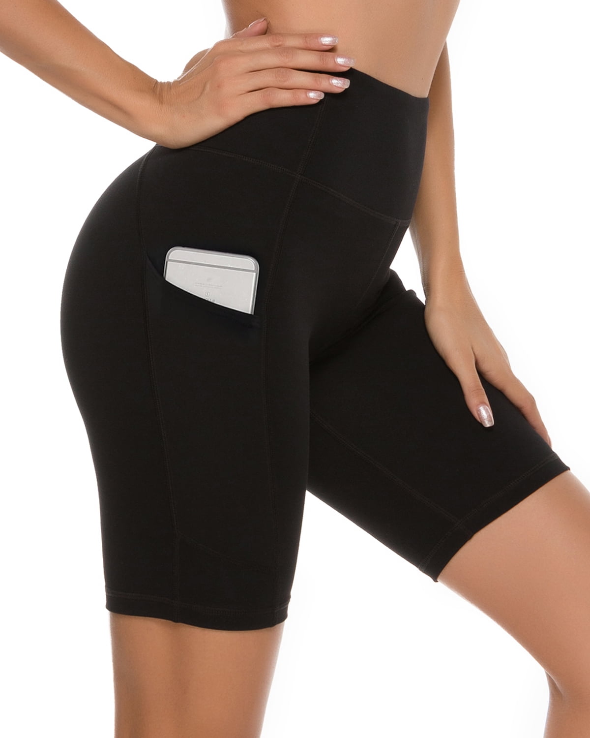 Cadmus Women's High Waist Tummy Control Yoga Shorts 4/8 Spandex  Compression Biker Shorts Side Pockets, Black & Black & Black,Large 
