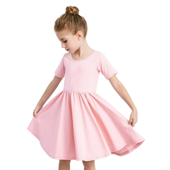 Stelle Short Sleeve Sundress A-Line Knee Length Flared Swing Cross Back Skater Skirt Midi Dress for girls,Pink,7 Years