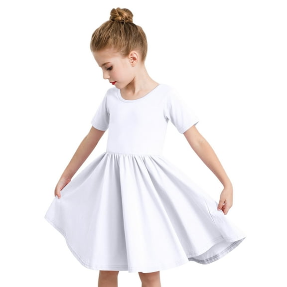 Stelle Short Sleeve Sundress A-Line Knee Length Flared Swing Cross Back Skater Skirt Midi Dress for girls,White,6 Years