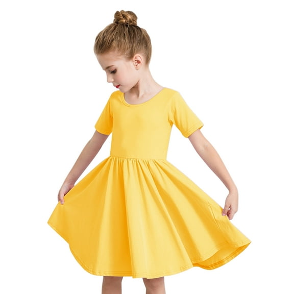 Stelle Short Sleeve Sundress A-Line Knee Length Flared Swing Cross Back Skater Skirt Midi Dress for girls,Yellow,10 Years