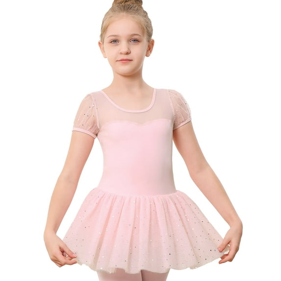 Stelle Toddler Girls Puff Sleeve Sequins Tutu Ballet Dress,Ballet Leotard with Sparkly Skirt Ballerina Performance Outfit Dance Dress,Ballet Pink,7-8 Years