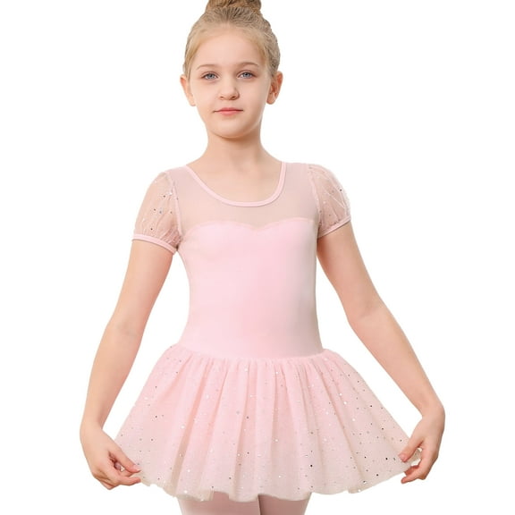 Stelle Toddler Girls Puff Sleeve Sequins Tutu Ballet Dress,Ballet Leotard with Sparkly Skirt Ballerina Performance Outfit Dance Dress,Ballet Pink,3T
