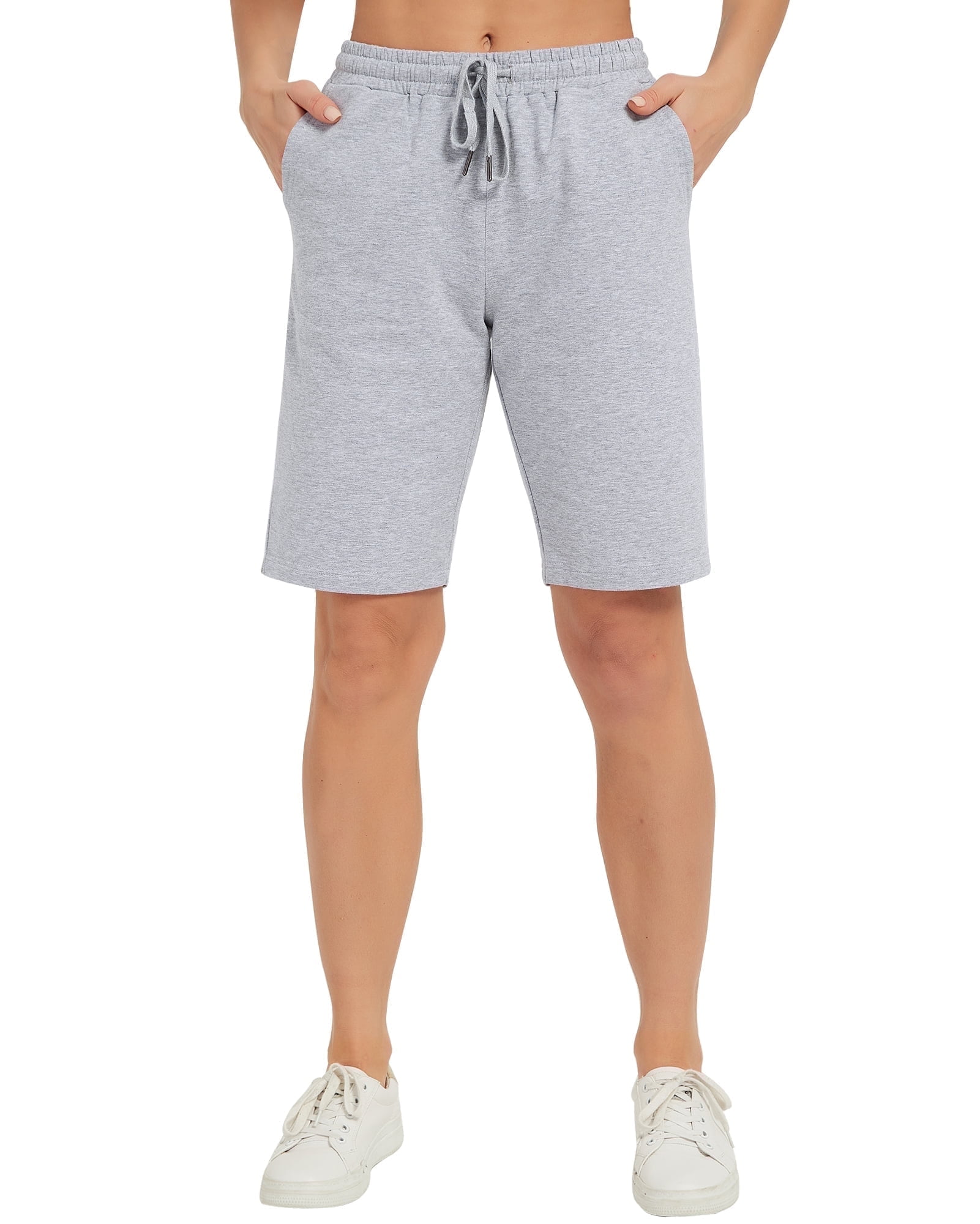 Stelle Women's 10" Bermuda Shorts Cotton Jersey Shorts,Summer Casual Drawstring Elastic Waist Lounge Shorts,Knee Length Athletic Yoga Workout Long Sweat Shorts with Deep Pockets,XS-XXL Light Gray