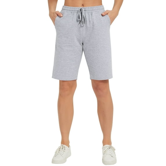 Stelle Women's 10" Bermuda Shorts Cotton Jersey Shorts,Summer Casual Drawstring Elastic Waist Lounge Shorts,Knee Length Athletic Yoga Workout Long Sweat Shorts with Deep Pockets,XS-XXL Light Gray
