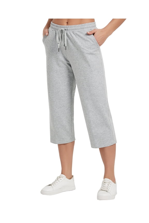 Women's Capri Pants Loose Yoga Loose Yoga Cotton Sweatpants with Pockets,Wide Leg Drawstring Pajama Pants Casual Workout Lounge Pants 20",XS-XXL Gray