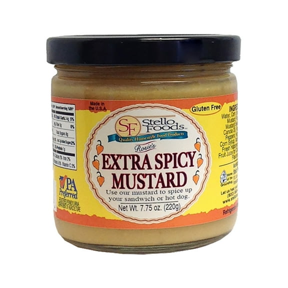 Stello Foods - Rosie's Extra Spicy Mustard 7.75 oz, Gluten Free, Cholesterol Free, Low Sodium, Low Fat, Vegan, Vegetarian