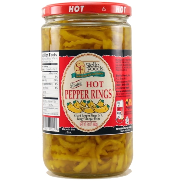 Stello Foods - Rosie's Hot Pepper Rings 24 oz, Low Calories, Fat Free, Cholesterol Free, Low Carbohydrates, Vegan, Vegetarian, PA Preferred