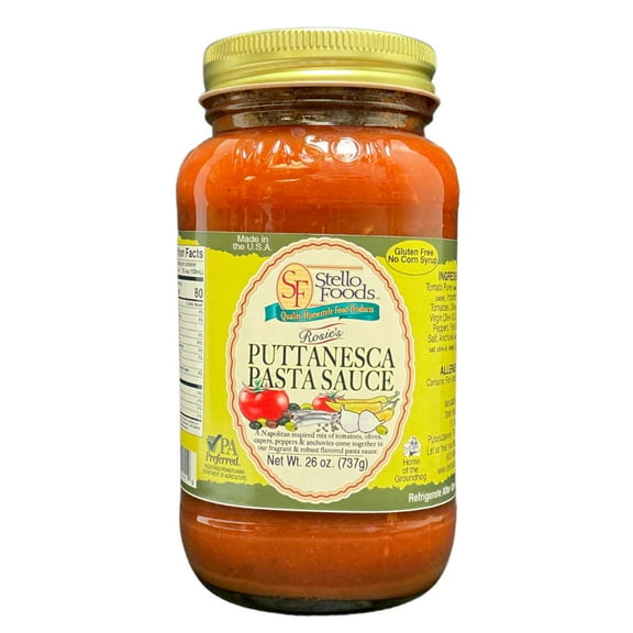 Stello Foods - Rosie's Puttanesca Pasta Sauce 26 oz, Gluten Free, No Corn Syrup, Low Fat, Cholesterol Free, Vegetarian