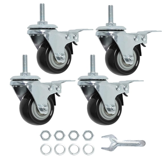 Stem Caster Wheels 2 Inch Heavy Duty Threaded Swivel Casters 1/4" - 20 x 1 with Brake Set of 4 for Wire Shelve Wheel Anti-wear Smooth Casters, Black