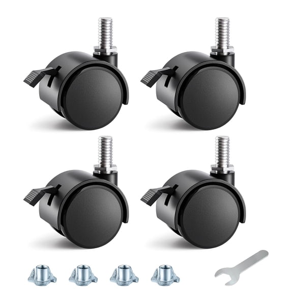 Stem Casters, 1.5 Inch Furniture Casters Set of 4, Threaded Stem Diameter 5/16" Plastic Locking Caster Wheels, Black Swivel Small Castors with T-Nuts, for Table, Cabinet, Storage Rack