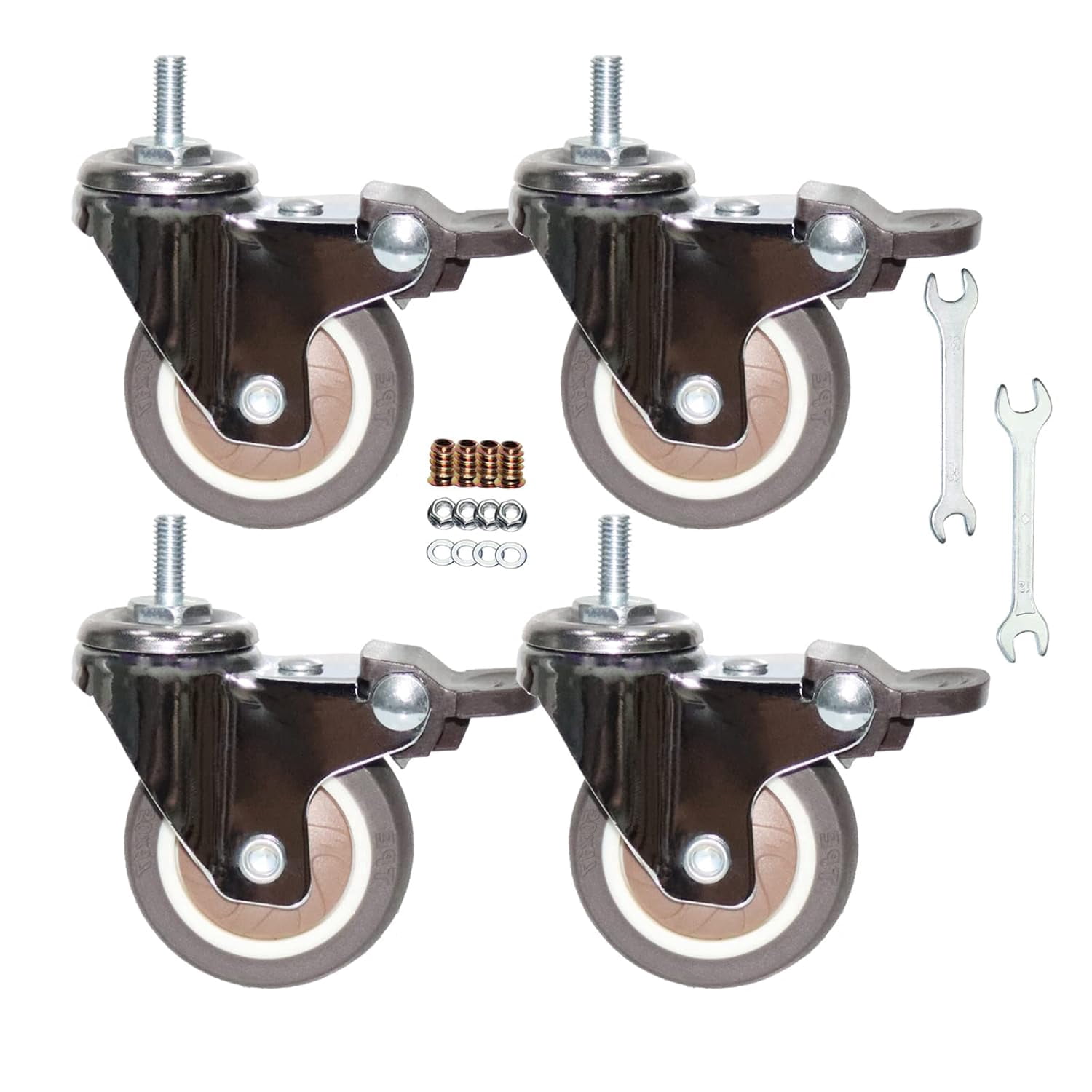Stem Casters, 360 Degree Swivel Stem TPR Wheels with Metric M6-1.0x15mm Thread Industrial Castors for Carts, Furniture, Dolly, Workbench(2.0 Inch M6-1.0x15mm, with Brake)