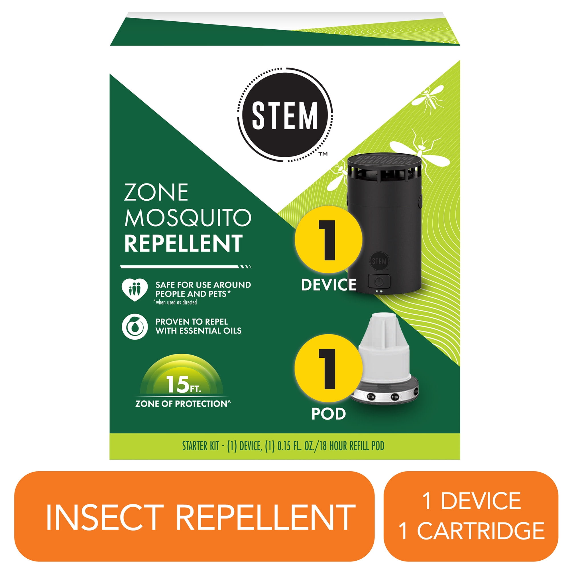 STEM Zone Mosquito Repellent Device Starter Kit with Refill Pod, Easy-to-Use Outdoor Insect Protection with Proven Essential Oils, People and Pet Safe, Solar and USB-C Charger, Waterproof (Pack of 1)