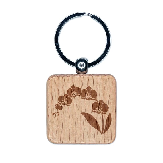 Stem of Orchids Flowers Square Keychain Charm Tag - Engraved Wood