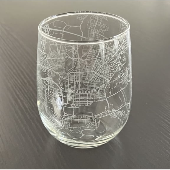 Stemless 17oz Wine Glass Urban City Map Bethlehem Pennsylvania