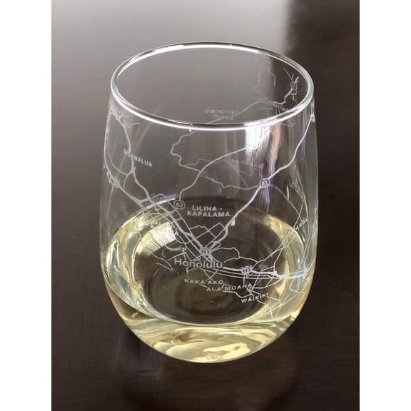 Stemless 17oz Wine Glass Urban City Map Honolulu Hawaii