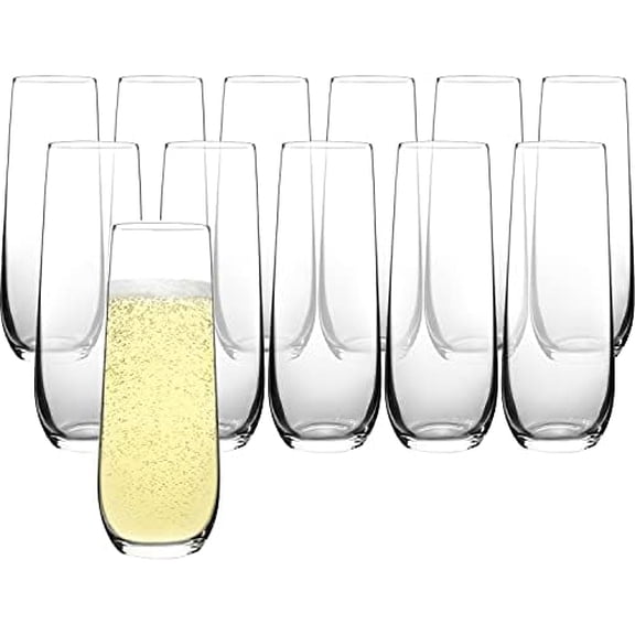 Stemless Champagne Flutes Set of 12, Crystal Glass, 8 oz Champagne Glasses, Prosecco Mimosa Glasses Set