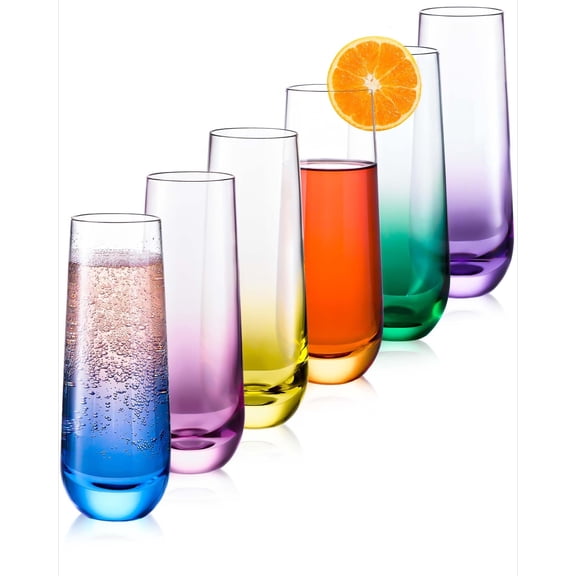 Stemless Champagne Flutes set of 6, Colored Bar Glassware, Cocktail | Colored Champagne Glasses, Crystal Glass for Wedding Toasting, Prosecco, Mimosa Glasses, Party Glassware