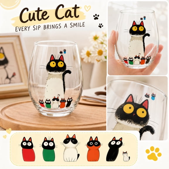 Stemless Glass, Aesthetic Glass Cup, Large Eye Cat Print, Whimsical Cat Design, 420Ml 3.5X3 Inch Cat Drinking Tumbler for Daily Home and Kitchen Use