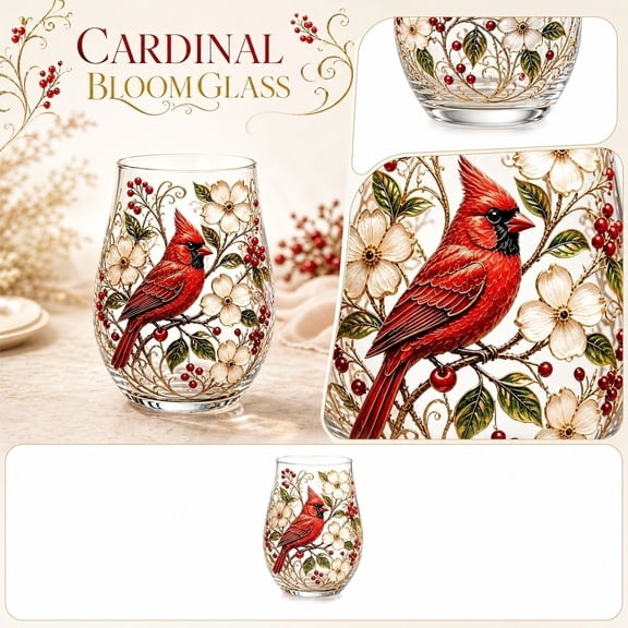 Stemless Glass, Bird Figurines Home Decor, Berry First Birthday Decor, Christmas Decorations for Home, 4.5X2.5X4.72 in Red Cardinal and White Floral Patterned Glass, Perfect for
