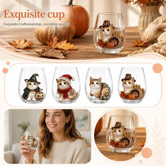 Stemless Glass, Cat Decor for Cat Lovers, Fall Table Decor, Thanksgiving Centerpieces for Dinner Table, 3.5X3 in Calico Cat Patterned Clear Glass Cup for Daily Drinks and Event