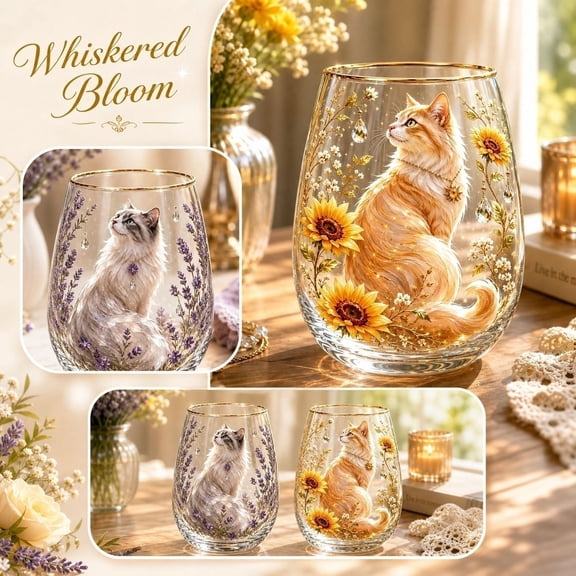 Stemless Glass, Cat Decor for Cat Lovers, Glass Drinking Glasses, Cat Decor for Home, 4.75X3.5 Inch Lavender Cat Pattern Gold Rim Clear Tumbler for Daily Beverage, Party Use, and