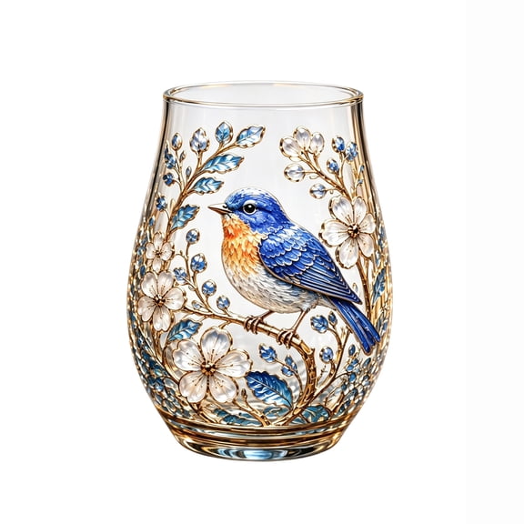 Stemless Glass Cup, Blue Bird Floral Painted Clear, 1 Pack 18.0 oz Decorative Drinking Tumbler, For Home Kitchen Party Daily Beverage Water Wine Juice Coffee Use