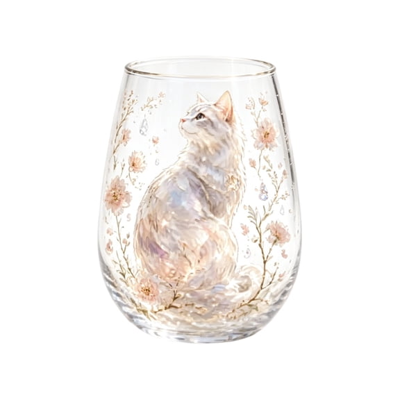 Stemless Glass Cup with Cat Illustration and Floral Pattern Handcrafted Decorative Drinking Vessel for Home Kitchen Use
